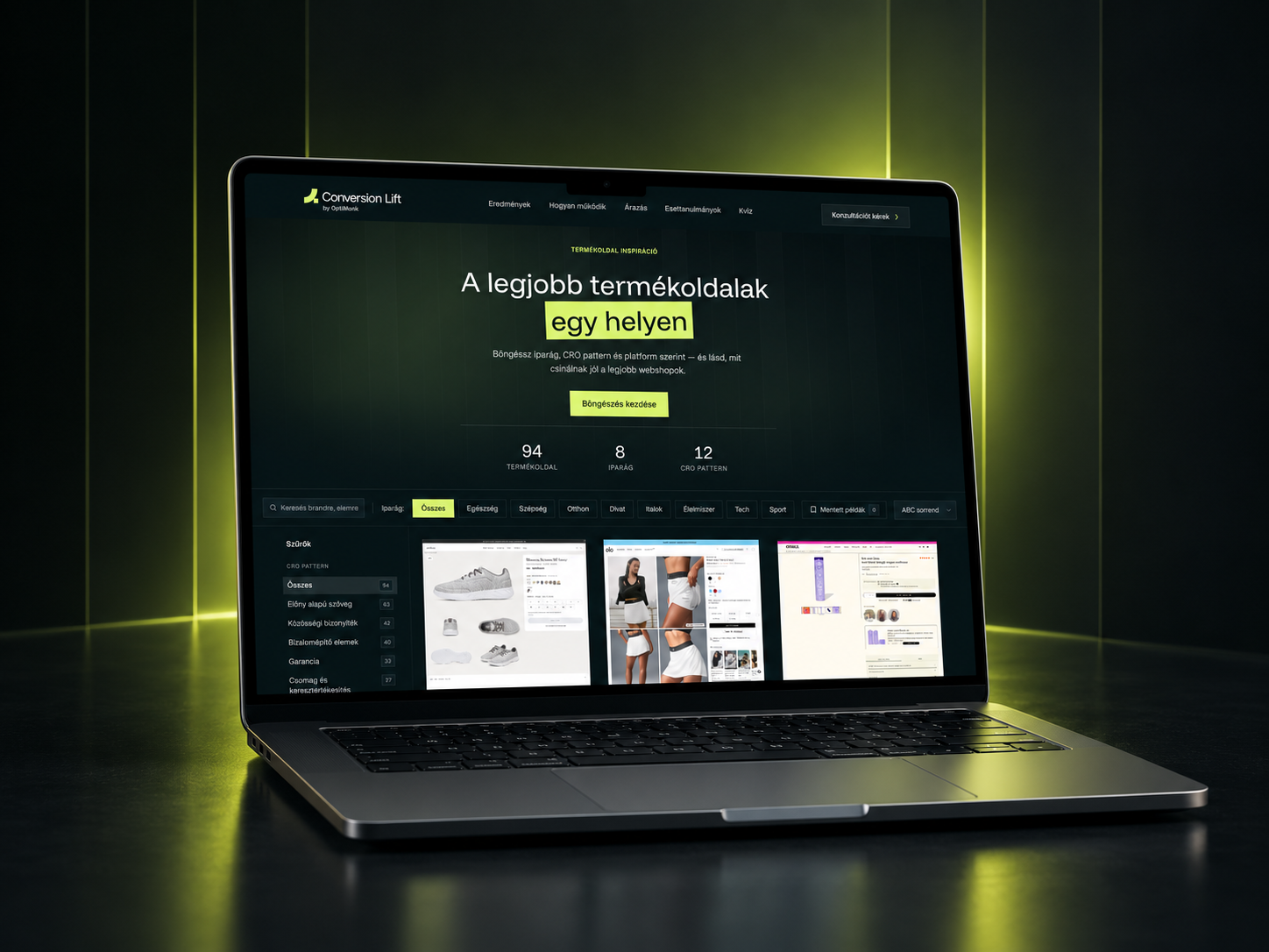 Termékoldal inspirációs könyvtár felülete laptopon
