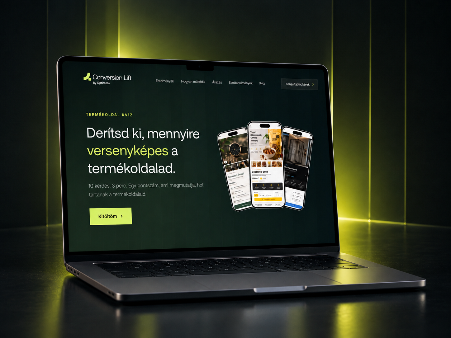 Termékoldal kvíz felülete laptopon